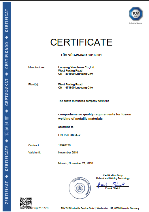 YCM通过EN1090, ISO3834认证